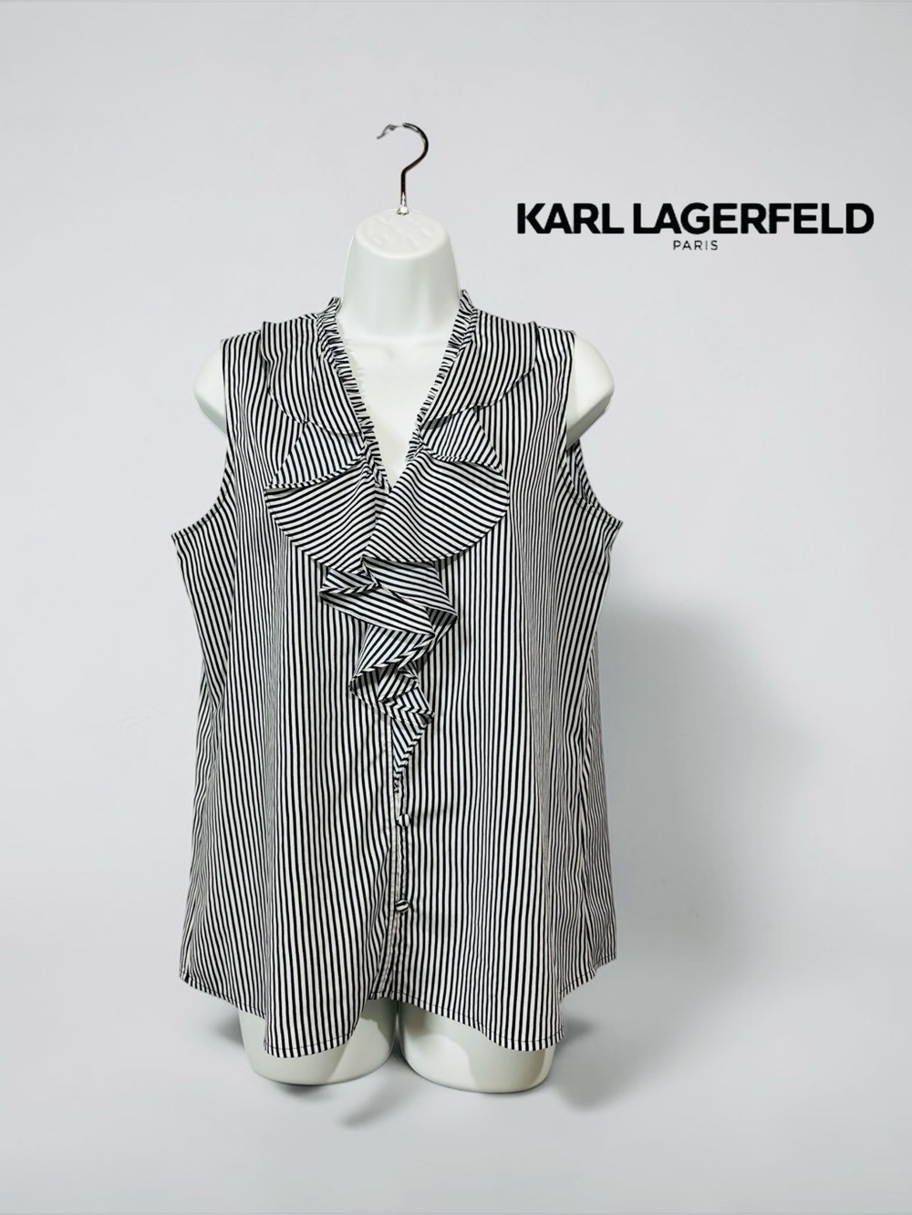Karl Lagerfeld Paris, Striped Ruffle Sleeveless Blouse, Navy White, Size Medium